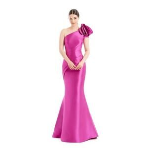 Alexander By Daymor Mermaid Maxi Dress Fushia One-Shoulder Pleated  Size 8